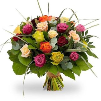 25 multi-colored roses with greenery