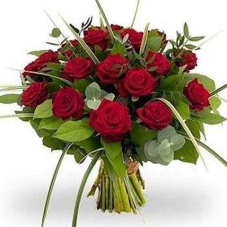 19 red roses with greenery